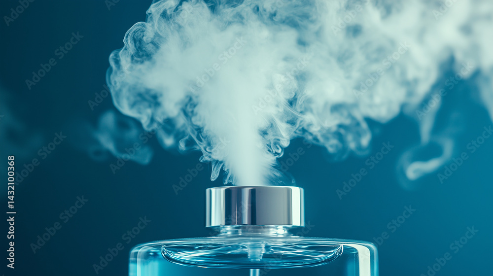 Macro shot of a perfume mist cloud frozen mid-air above a delicate bottle.