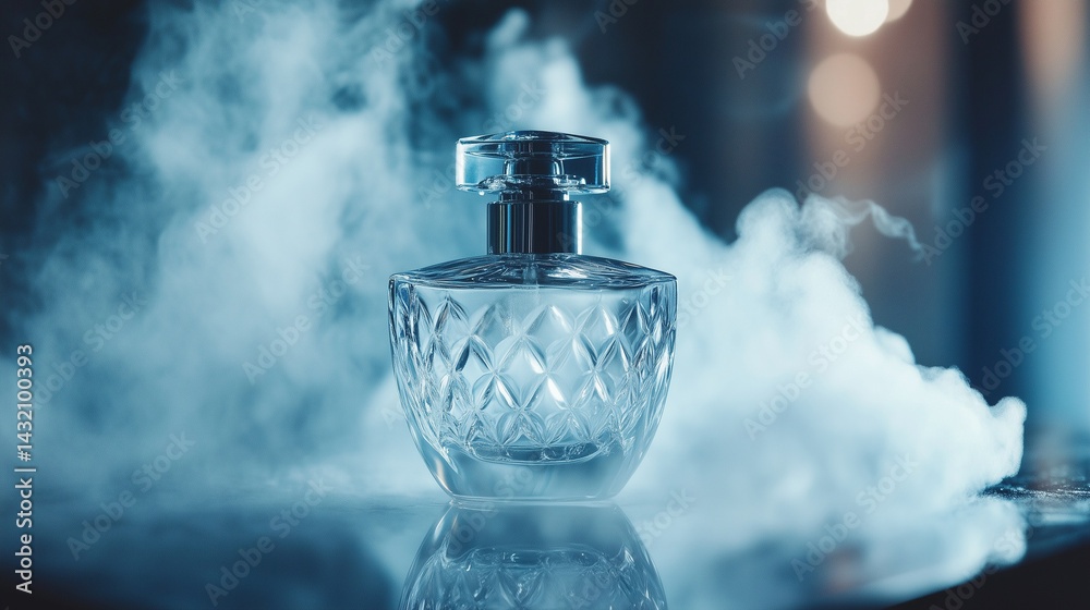 Macro shot of a perfume mist cloud frozen mid-air above a delicate bottle.