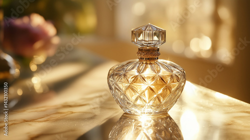 Close-up of a crystal perfume bottle catching golden sunlight on a vanity.