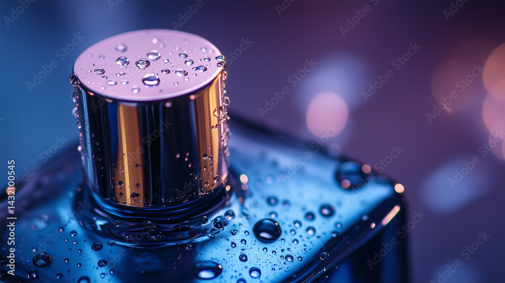 Macro view of droplets on a sleek modern perfume bottle with metallic edges.