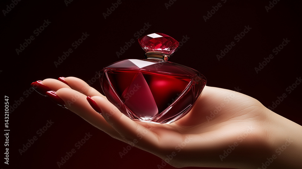 Close-up of a hand holding a luxury perfume bottle with manicured fingers.