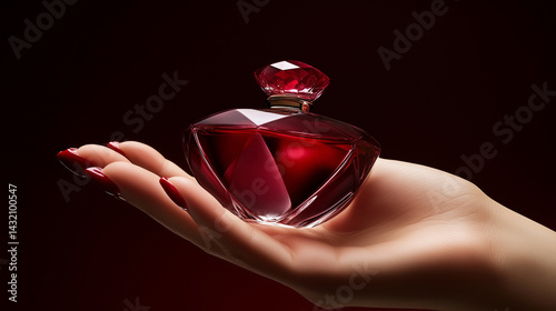 Obraz na płótnie Close-up of a hand holding a luxury perfume bottle with manicured fingers. w salonie