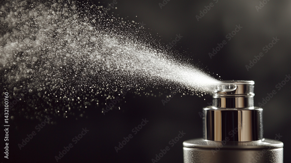 Detailed view of perfume sprayer in mid-press, releasing a fine aromatic mist.