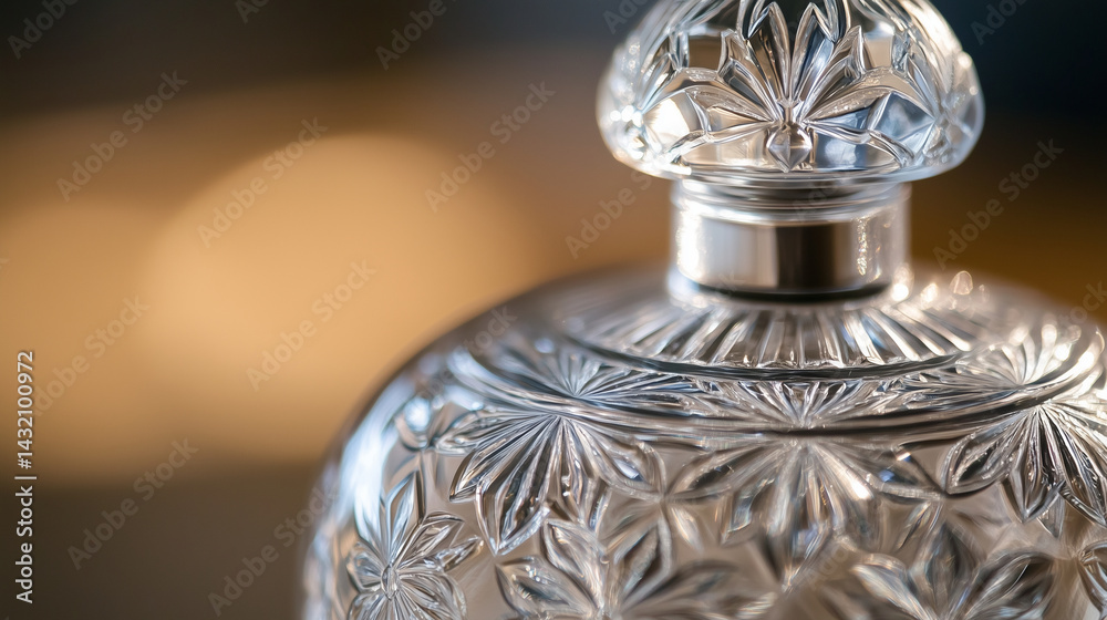 Detailed view of vintage perfume bottle with intricate cut-glass design.