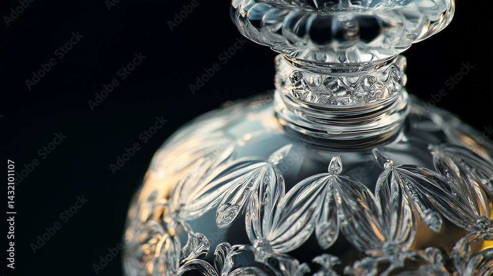 Detailed view of vintage perfume bottle with intricate cut-glass design.