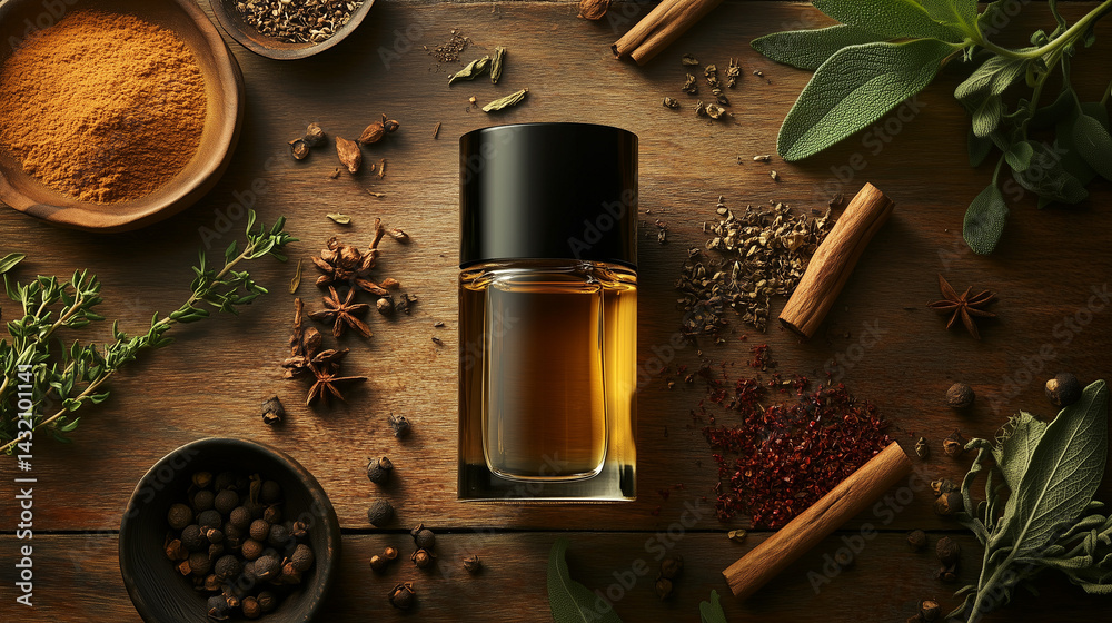 Close-up of a fragrance bottle with herbs, spices, and ingredients around it.