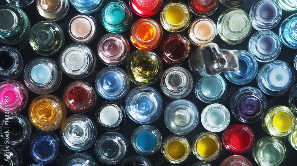 Macro image of small travel-sized perfume vials arranged aesthetically.