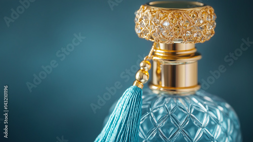 Close-up of perfume bottle with golden atomizer and vintage tassel.