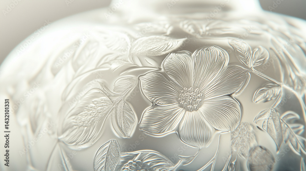 Detailed view of a frosted glass bottle with floral engravings.