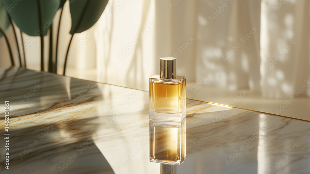 Close-up of luxury perfume resting on a mirror, reflecting elegance and light.