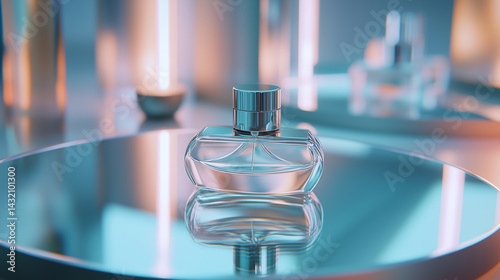 Close-up of luxury perfume resting on a mirror, reflecting elegance and light.