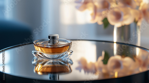 Obraz na płótnie Close-up of luxury perfume resting on a mirror, reflecting elegance and light. w salonie