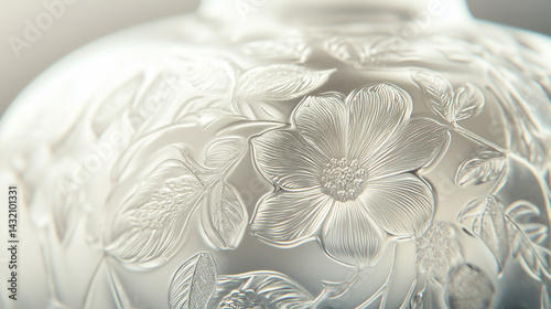 Obraz na płótnie Detailed view of a frosted glass bottle with floral engravings. w salonie