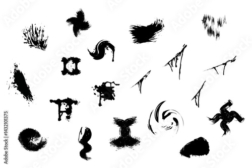 Black grunge ink splatter and splashes elements. Abstract vector paint spots, artistic design, creative backgrounds. Creative, artistic, abstract, trendy, dynamic, versatile etc.