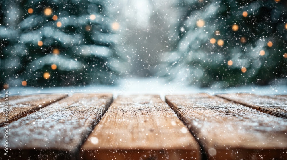 old vintage wooden background on snowfall day for winter Christmas celebration.