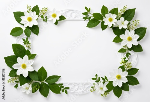 There is a white frame with flowers and leaves