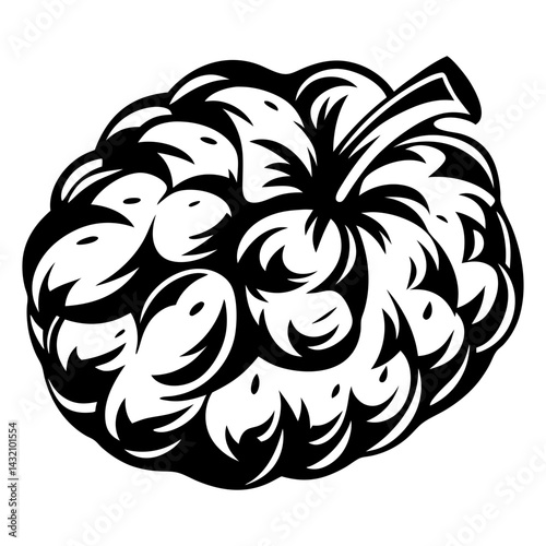 Monochrome Illustration of a Custard Apple with a Striking Black and White Design