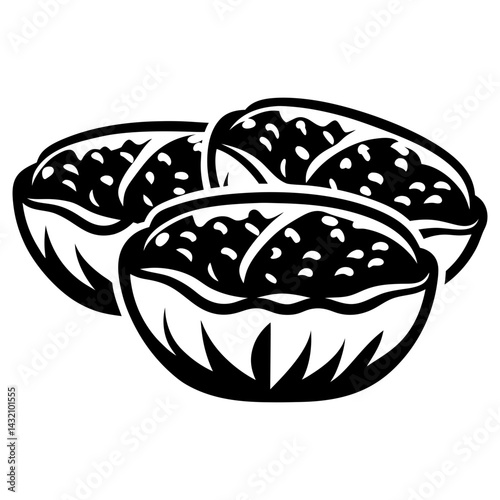 Three delicious looking empanadas pastries arranged in a pleasing black and white image