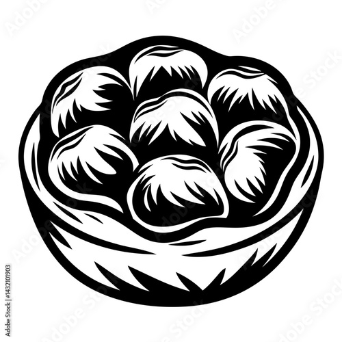 Stylized black and white drawing of a basket full of snowballs
