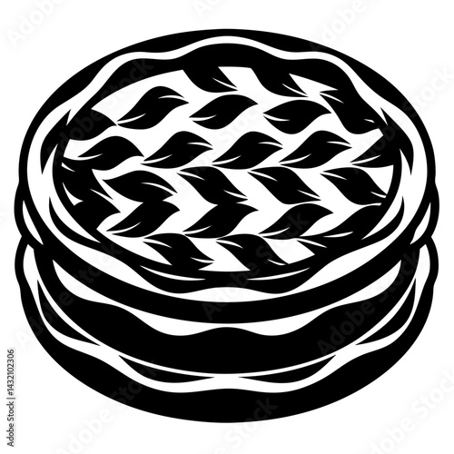 Black and white graphic circular pattern featuring leaf arrangements in a layered design