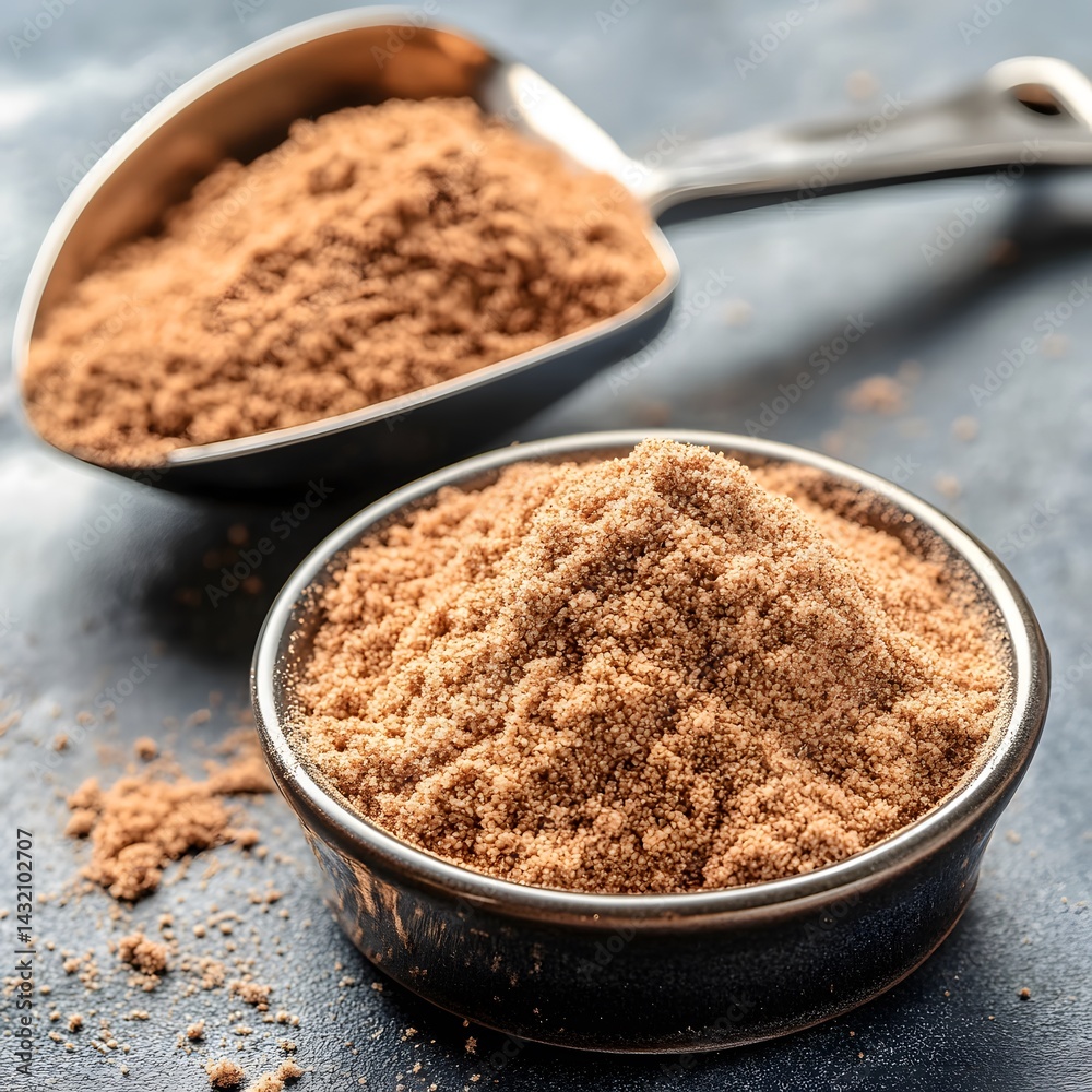 Closeup of Brown Powder in Bowls and Scoop, Aromatic Spice Blend Closeup of Brown Powder in Bowls and Scoop, Aromatic Spice Blend