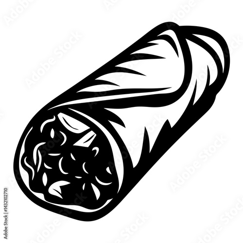 Monochrome vector illustration of a tightly wrapped burrito for commercial use