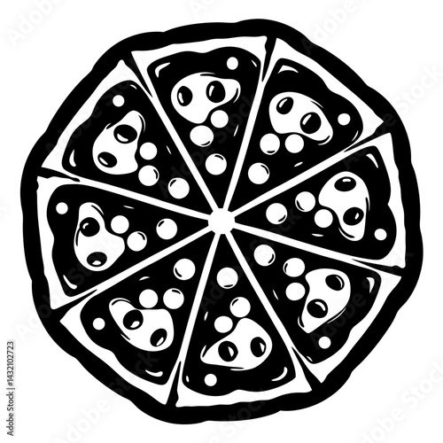 Monochrome Deliciousness A Stylized Pizza Pie Illustration with Pepperoni Toppings