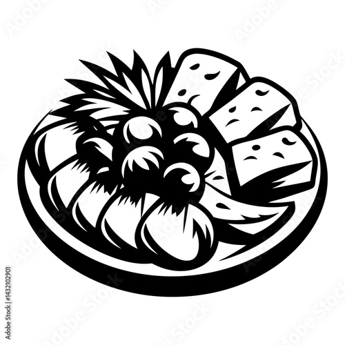Monochrome illustration of a gourmet cheese platter with fruits and greenery