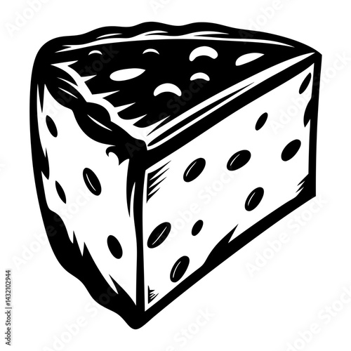 Black and white vector illustration of a block of Swiss cheese, graphic style