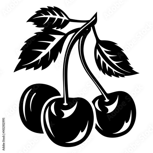 Three ripe cherries with stems and leaves in black silhouette vector
