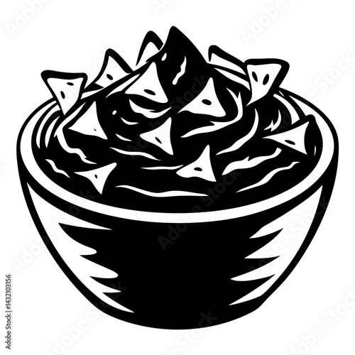 A stylized black and white image of a bowl of nachos and dip