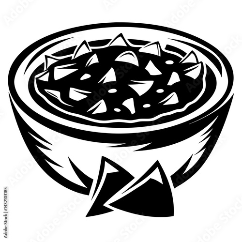 Monochrome illustration of a bowl of nachos with tortilla chips on white