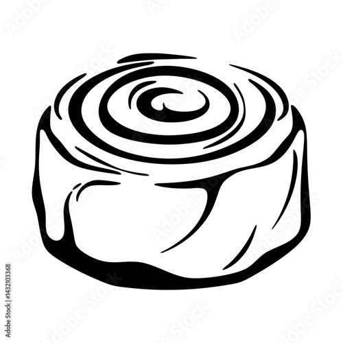 Monochrome depiction of a delicious cinnamon roll with swirling icing pattern