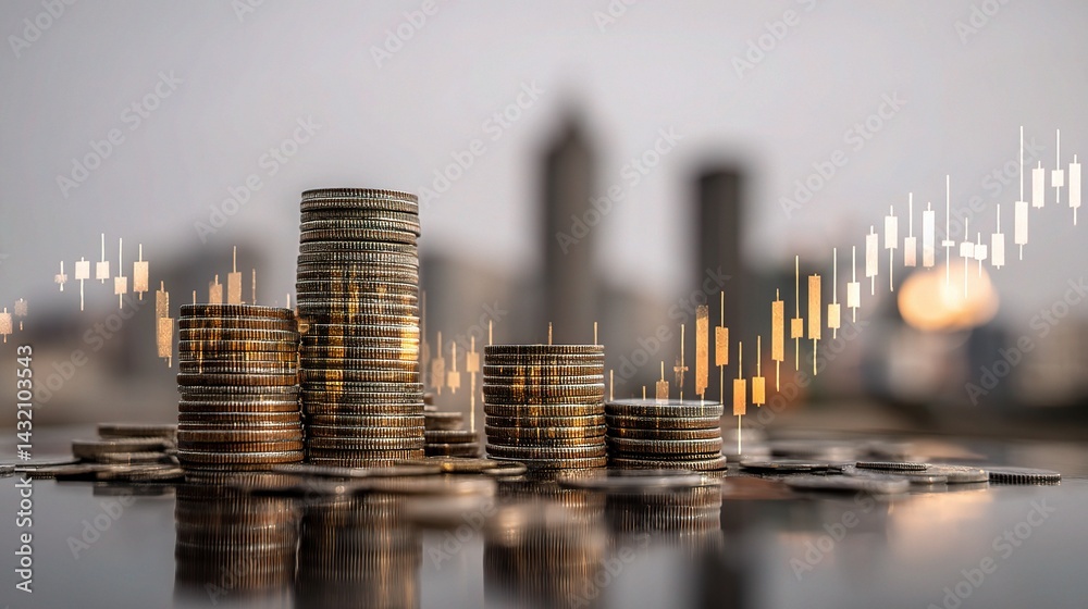 Stacked Coins with City Skyline and Candlestick Chart Background Stacked Coins with City Skyline and Candlestick Chart Background