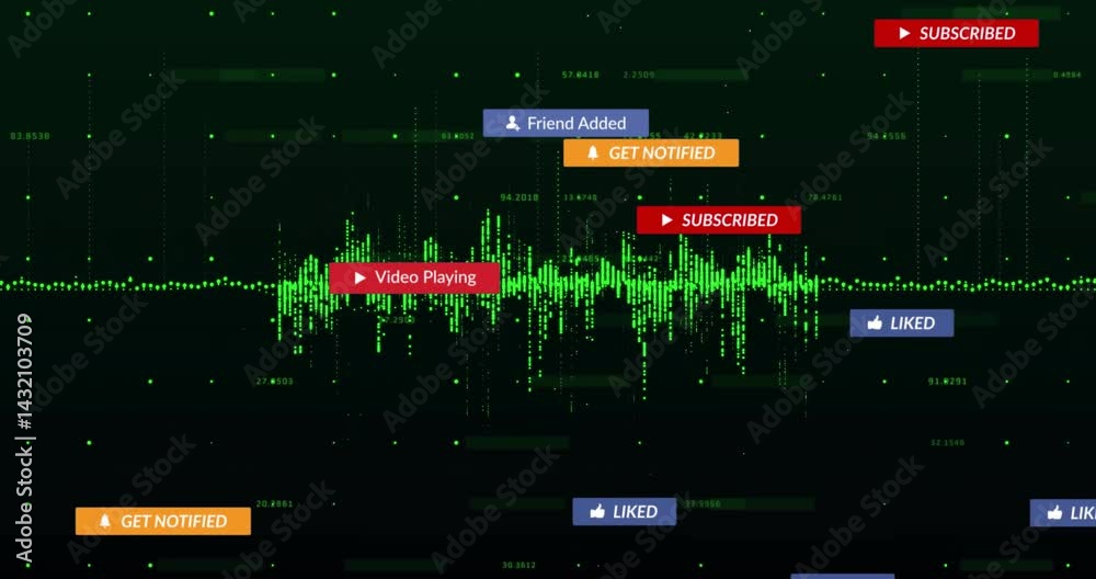 Neon green waveform being animated in 3D across cyberspace, floating UI ...