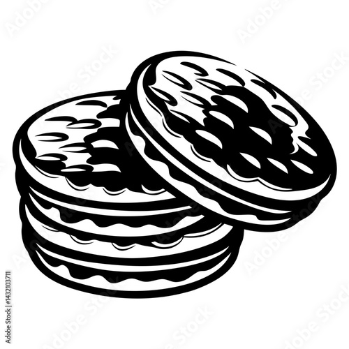 Stack of cookies or sandwich desserts in black and white vector illustration