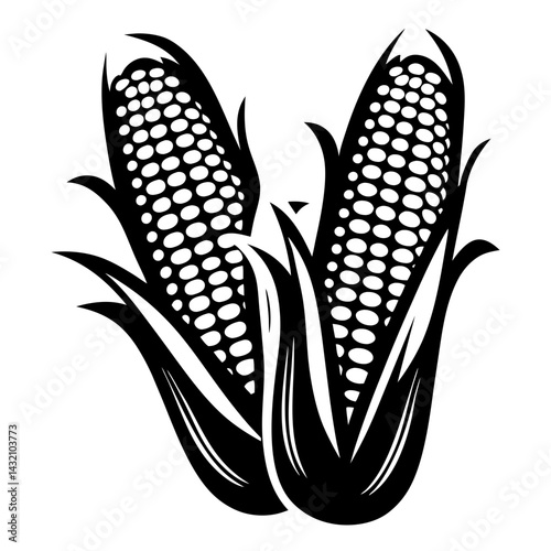 Black and white graphic illustration of two corn cobs with husks