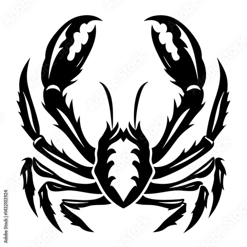 Stylized Black and White Crab Illustration with Symmetrical Design Elements