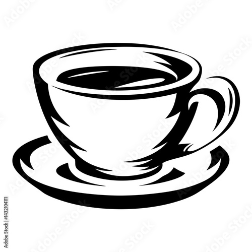 Elegant black and white illustration of a coffee cup on a saucer
