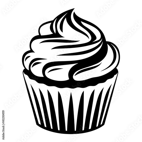 Monochrome cupcake illustration with swirled frosting and detailed wrapper design