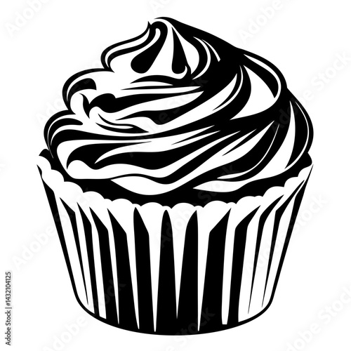 Monochromatic cupcake illustration with smooth frosting and striped wrapper design