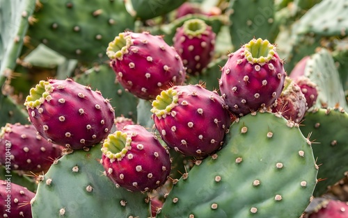 Closeup of Prickly Pear Cactus Fruits Growing on Pad photo