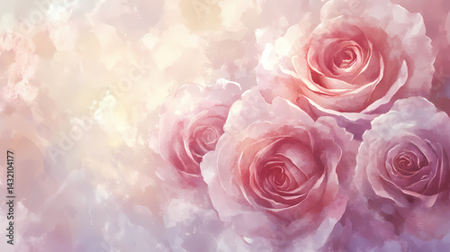 Delicate roses in pale pinks and creams, watercolor style, seamless floral pattern with soft vintage tone. Dustspire Rise. Illustration