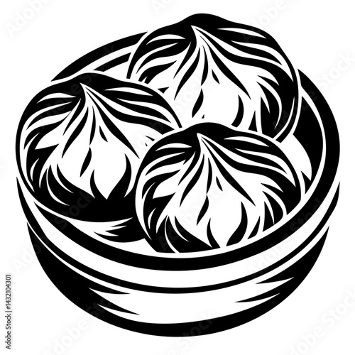 Monochromatic image featuring three dumplings in a bamboo steamer basket vector
