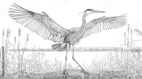 Great Blue Heron in Flight: A Detailed Pencil Sketch