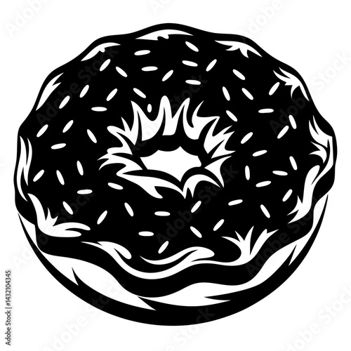 Stylized monochrome illustration of a sprinkled donut, with a hole in the middle