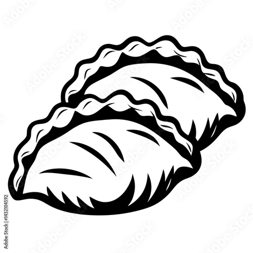 Two delicious looking pierogies illustrated in a simple black and white design