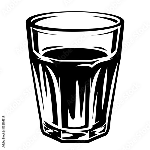 Bold black and white graphic of a shot glass filled with liquid