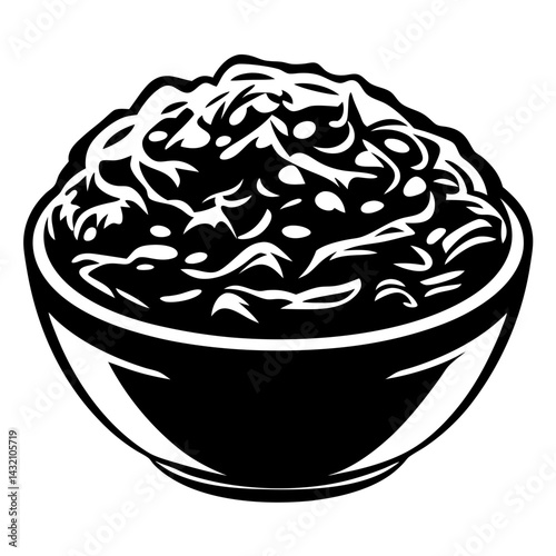 Stylized black and white illustration of a bowl of food from above