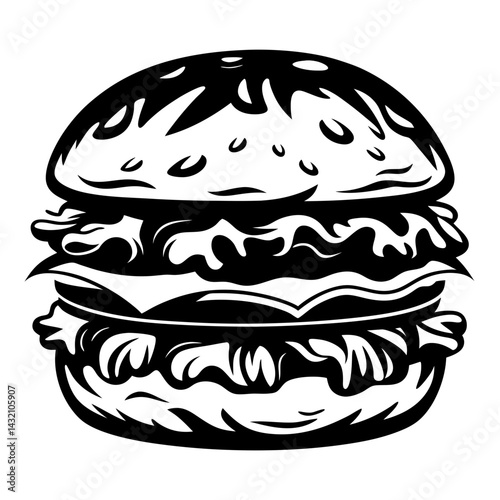 Monochrome Detailed Illustration of a Delicious Stacked Burger on White Background